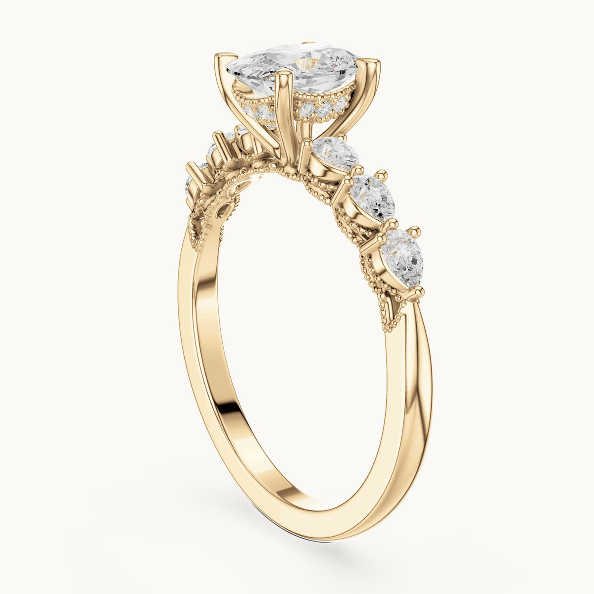 Cushion-cut, pear and round lab-grown diamond side stone engagement ring with pear accents in yellow gold, 2.34 CT TW, view 1