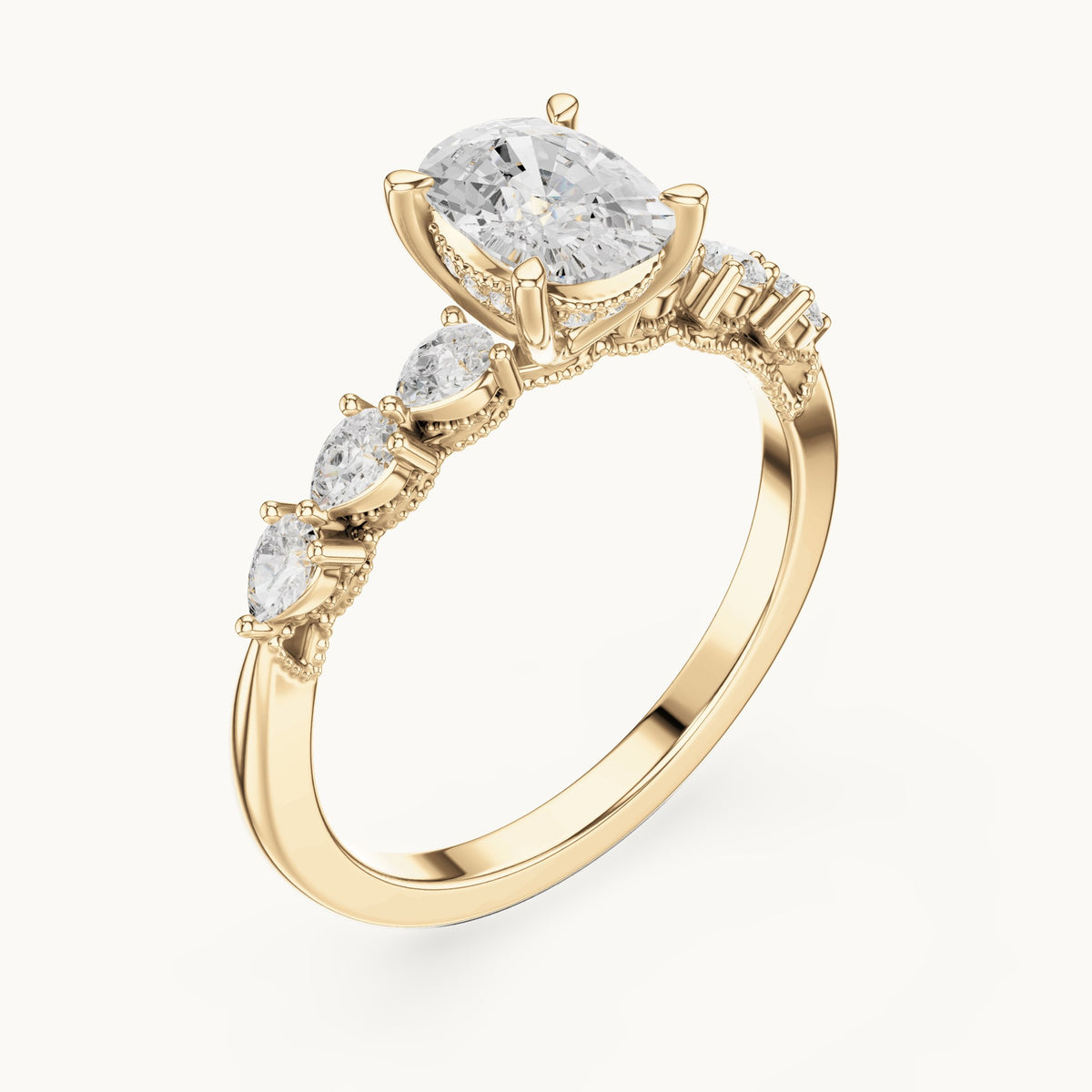 Cushion-cut, pear and round lab-grown diamond side stone engagement ring with pear accents in yellow gold, 2.34 CT TW, view 2