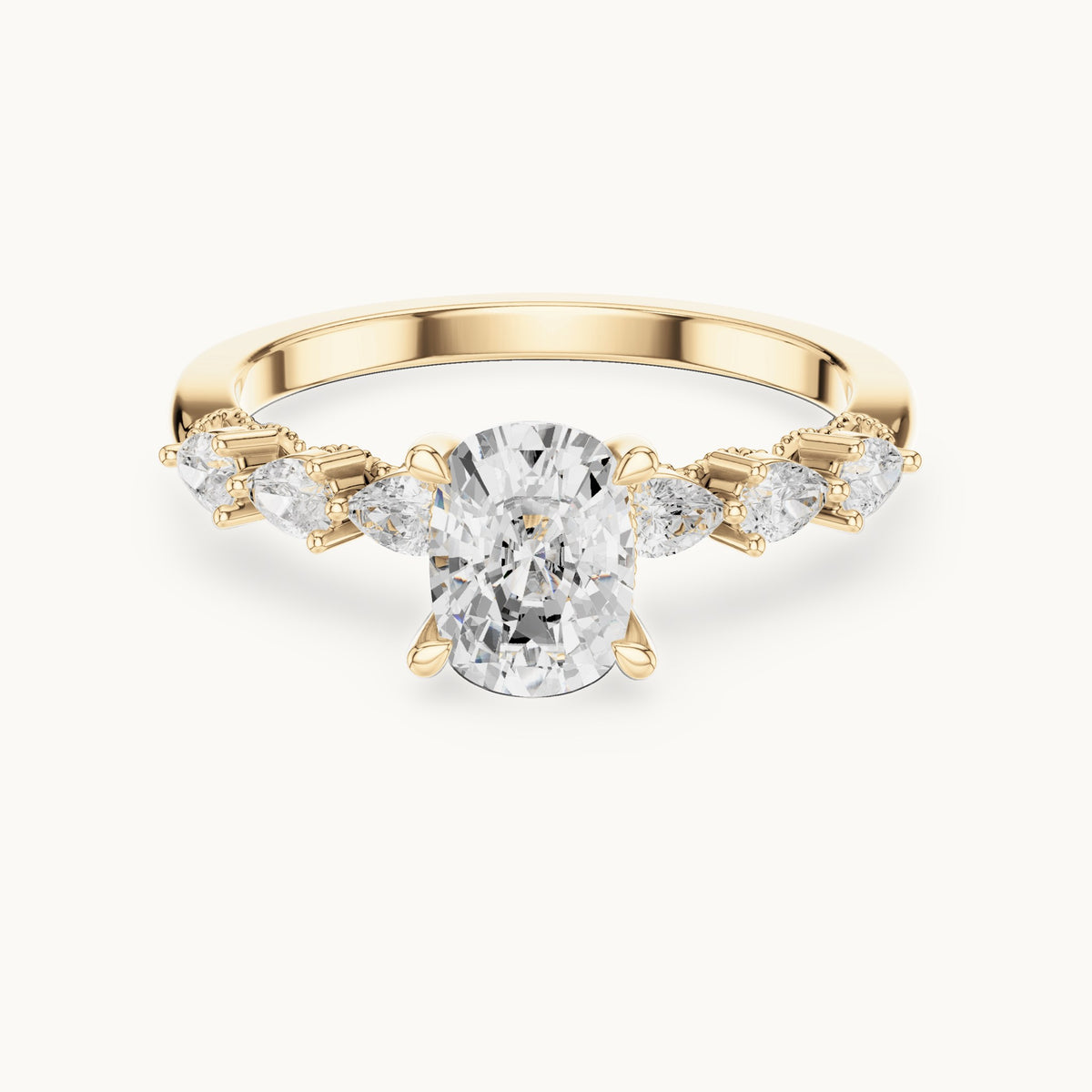 Cushion-cut, pear and round lab-grown diamond side stone engagement ring with pear accents in yellow gold, 2.34 CT TW, view 4