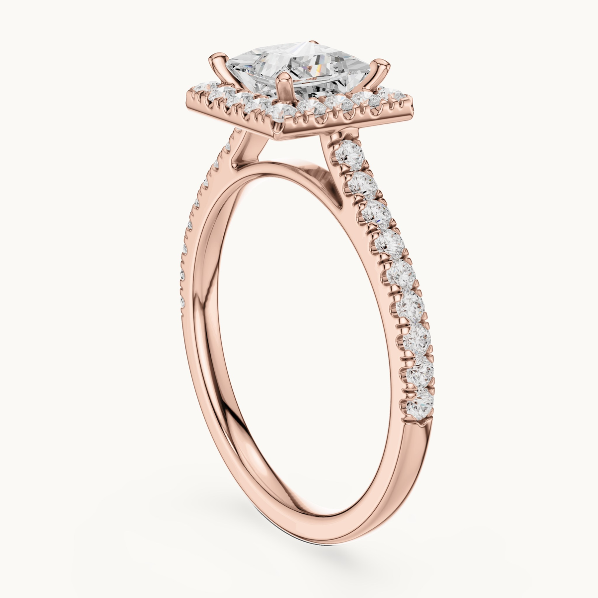 Princess-cut lab-grown diamond halo engagement ring in 14K rose gold, 1.49 CT TW, view 1
