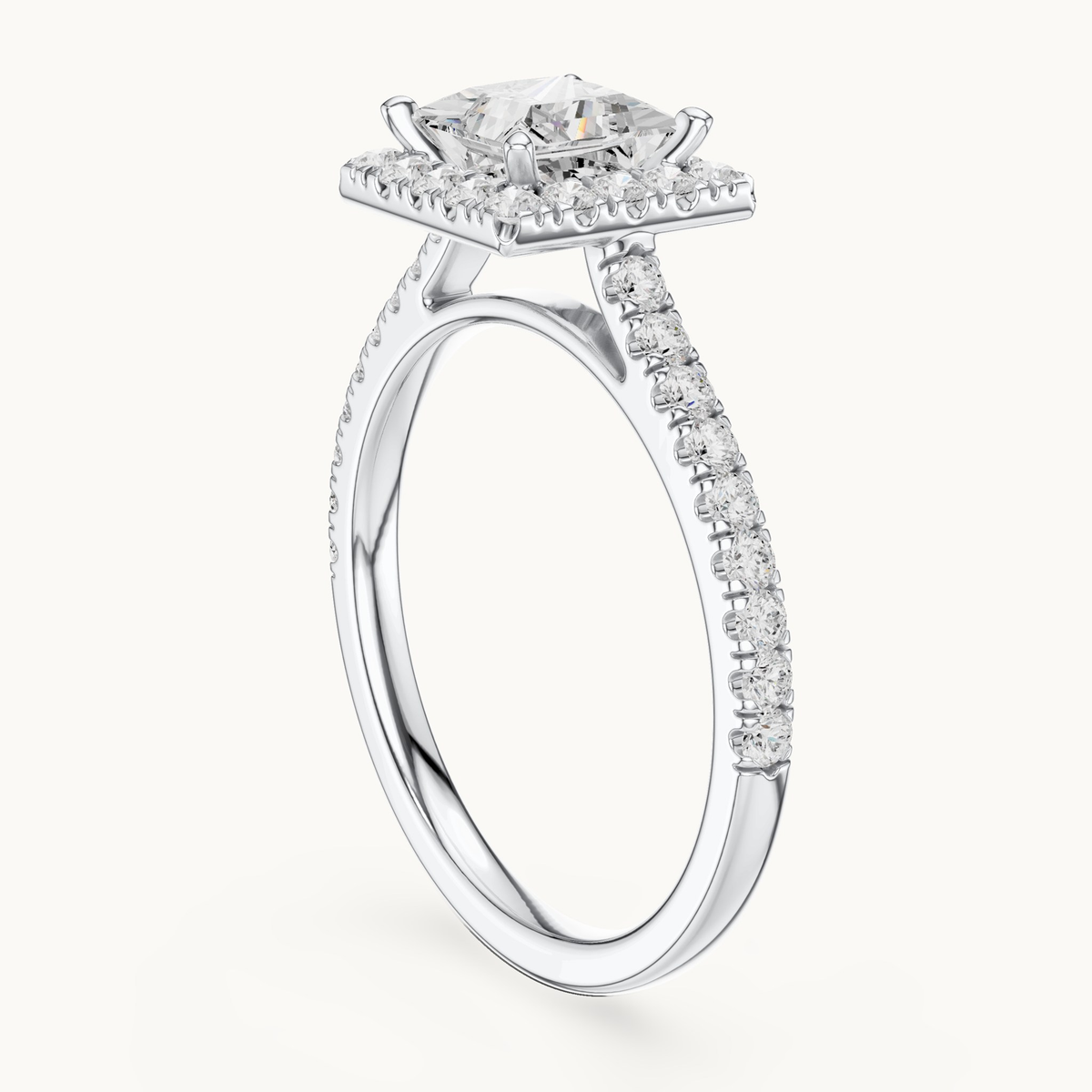 Princess-cut lab-grown diamond halo engagement ring in 14K white gold, 1.49 CT TW, view 1