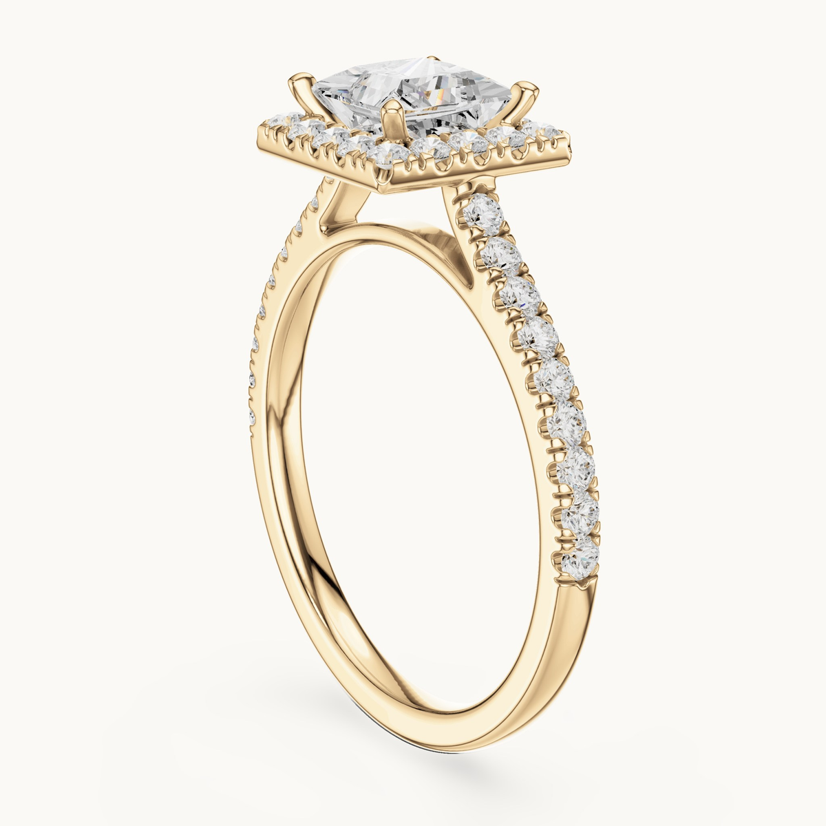 Princess-cut lab-grown diamond halo engagement ring in 14K yellow gold, 1.49 CT TW, view 1