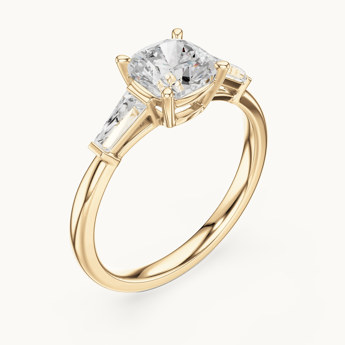 Cushion-cut lab-grown diamond three stone engagement ring in 14K yellow gold, 1.93 CT TW, view 2