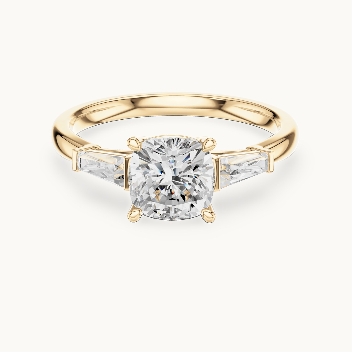 Cushion-cut lab-grown diamond three stone engagement ring in 14K yellow gold, 1.93 CT TW, view 4