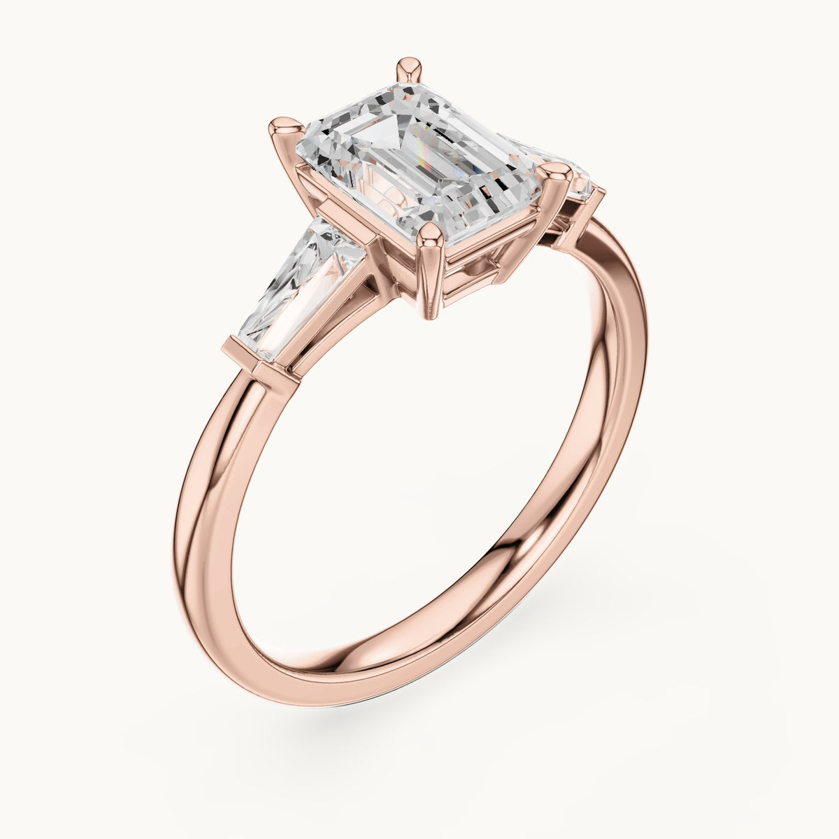 Emerald-cut lab-grown diamond three-stone engagement ring with tapered baguettes in rose gold, 1.82 CT TW, view 2