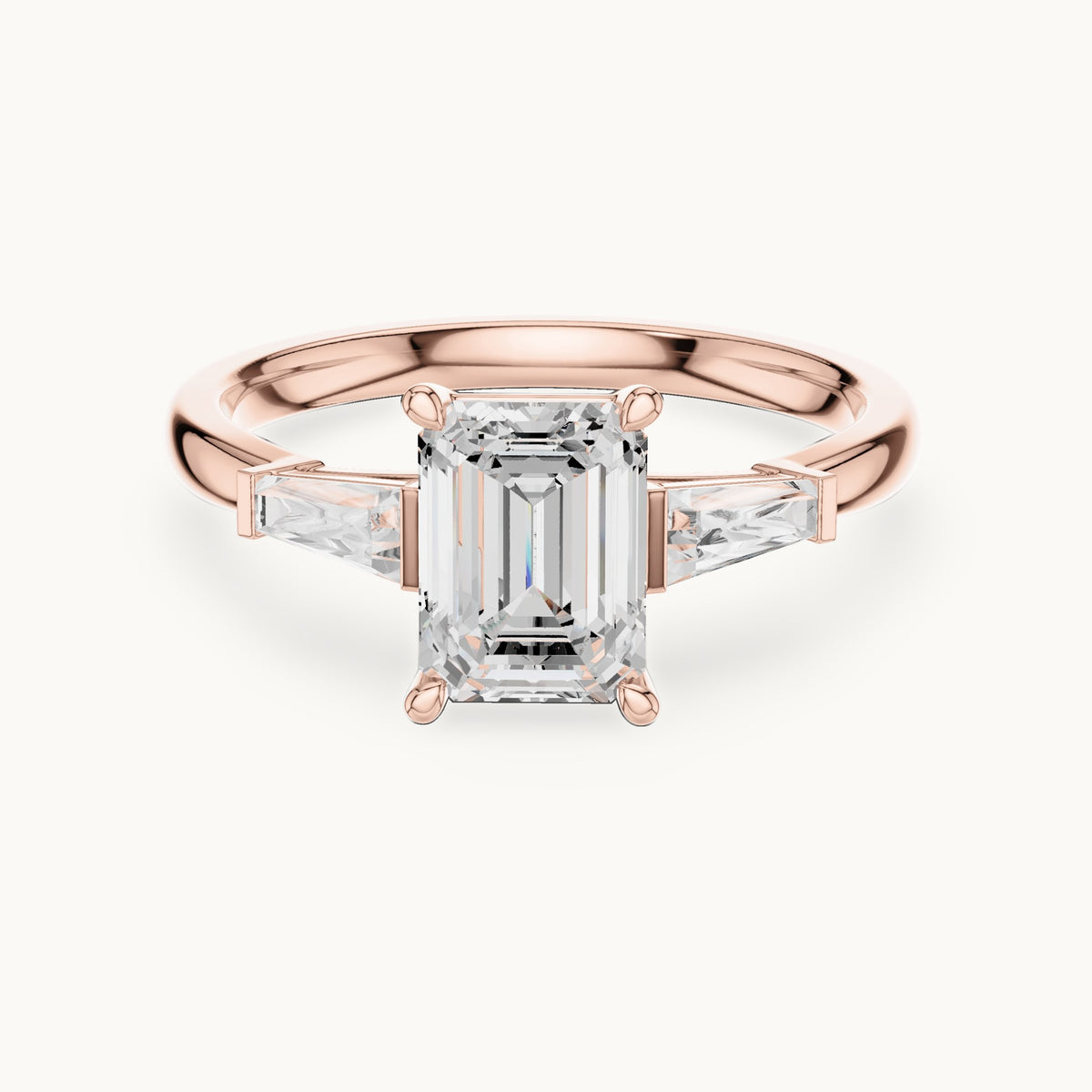 Emerald-cut lab-grown diamond three-stone engagement ring with tapered baguettes in rose gold, 1.82 CT TW, view 4