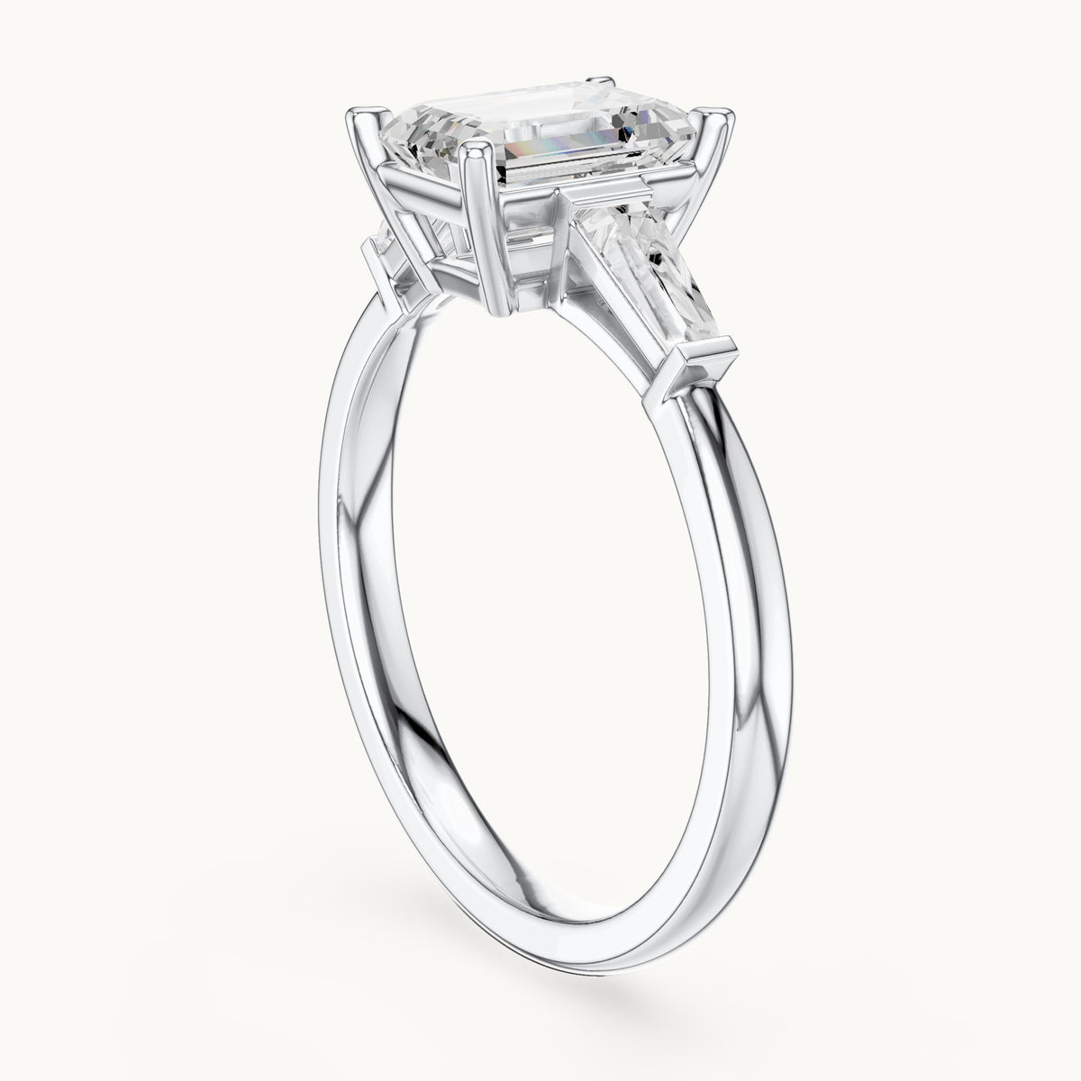 Emerald-cut lab-grown diamond three-stone engagement ring with tapered baguettes in white gold, 1.82 CT TW, view 1