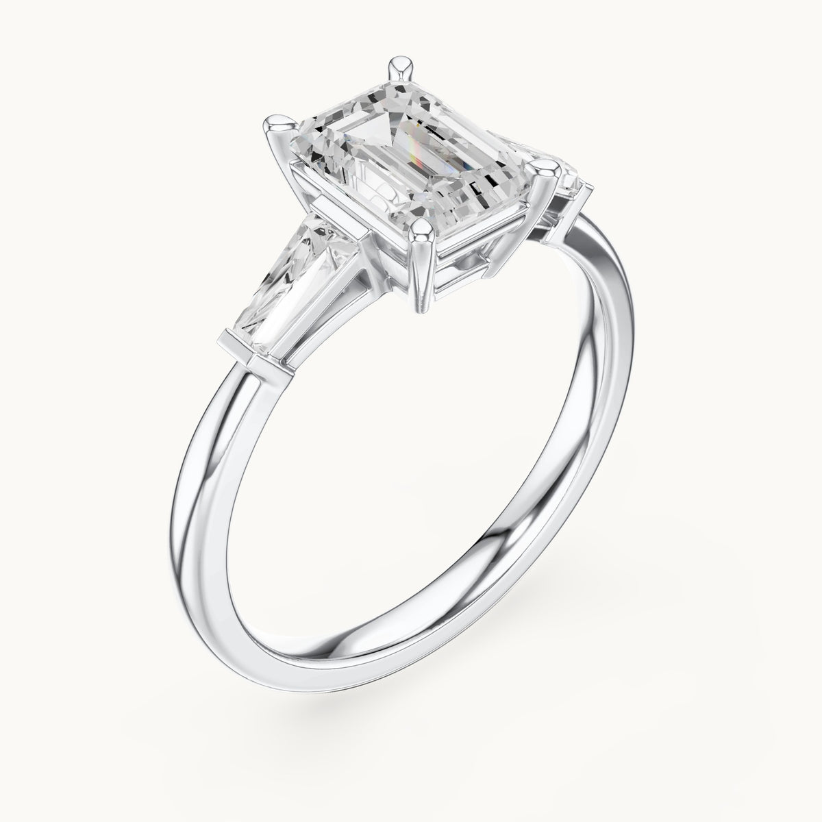 Emerald-cut lab-grown diamond three-stone engagement ring with tapered baguettes in white gold, 1.82 CT TW, view 2