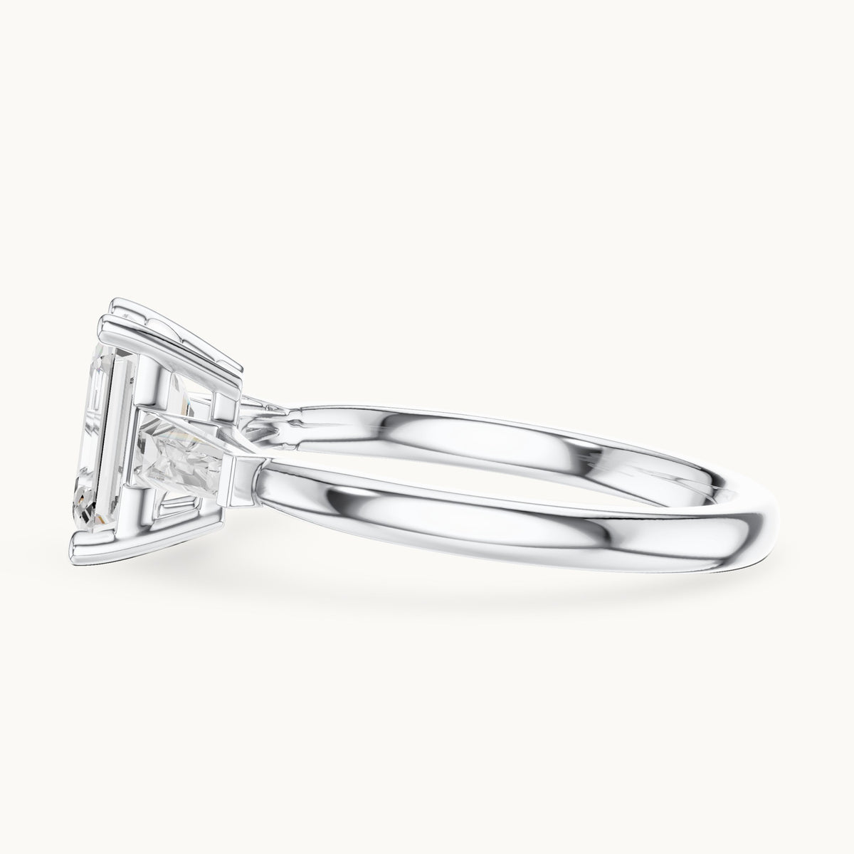 Emerald-cut lab-grown diamond three-stone engagement ring with tapered baguettes in white gold, 1.82 CT TW, view 3