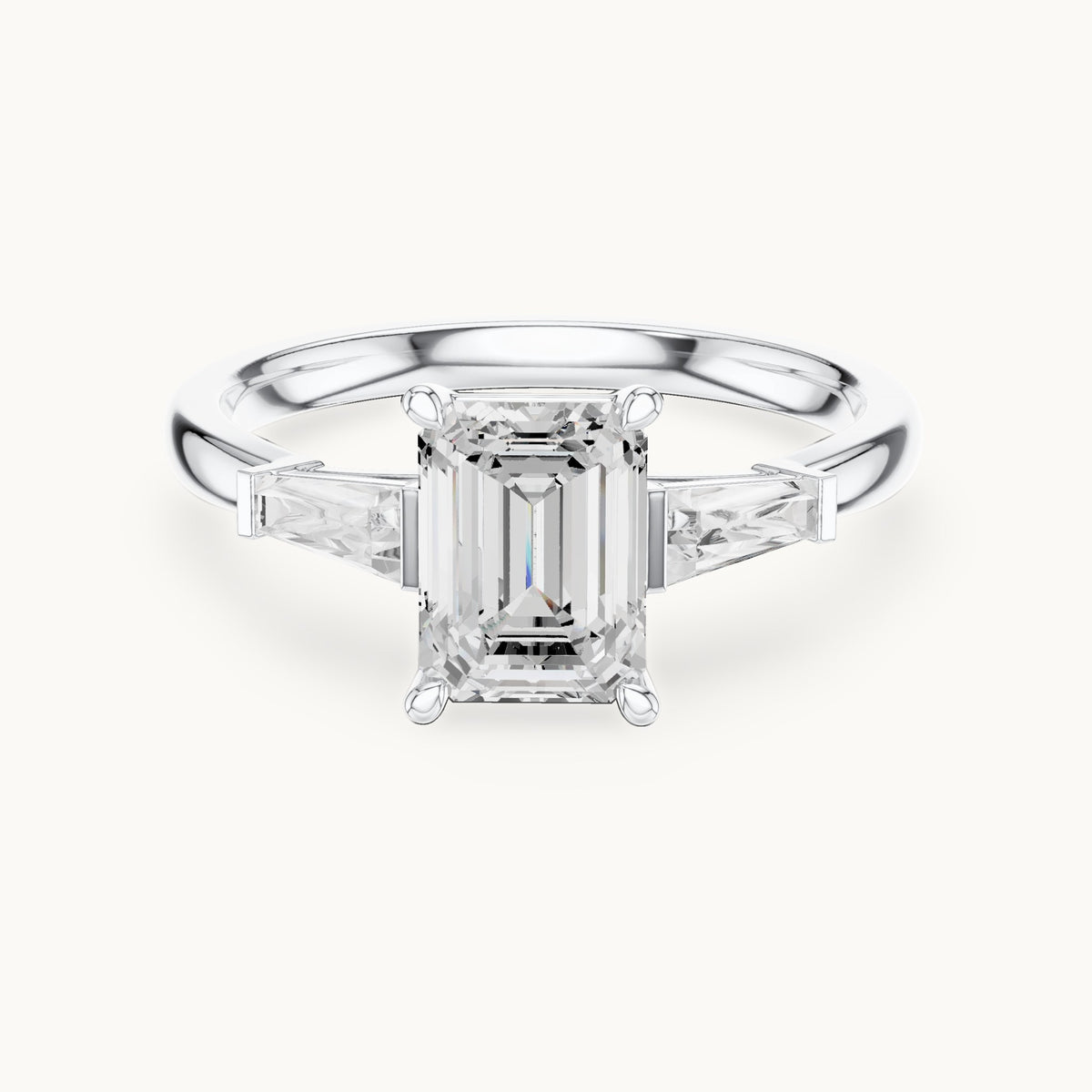 Emerald-cut lab-grown diamond three-stone engagement ring with tapered baguettes in white gold, 1.82 CT TW, view 4