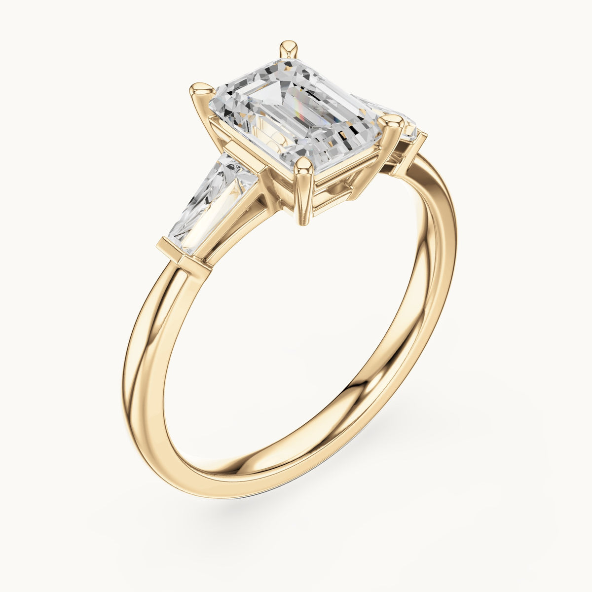 Emerald-cut lab-grown diamond three-stone engagement ring with tapered baguettes in yellow gold, 1.82 CT TW, view 2