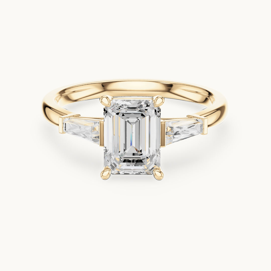 Emerald-cut lab-grown diamond three-stone engagement ring with tapered baguettes in yellow gold, 1.82 CT TW, view 4
