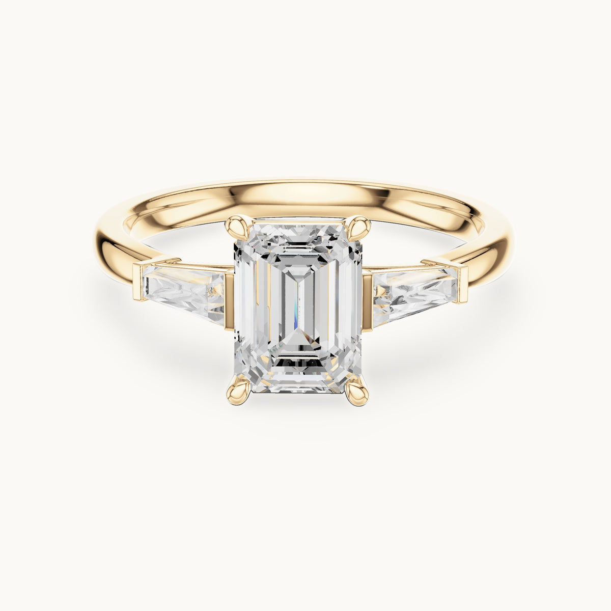 Emerald-cut lab-grown diamond three-stone engagement ring with tapered baguettes in yellow gold, 1.82 CT TW, view 4