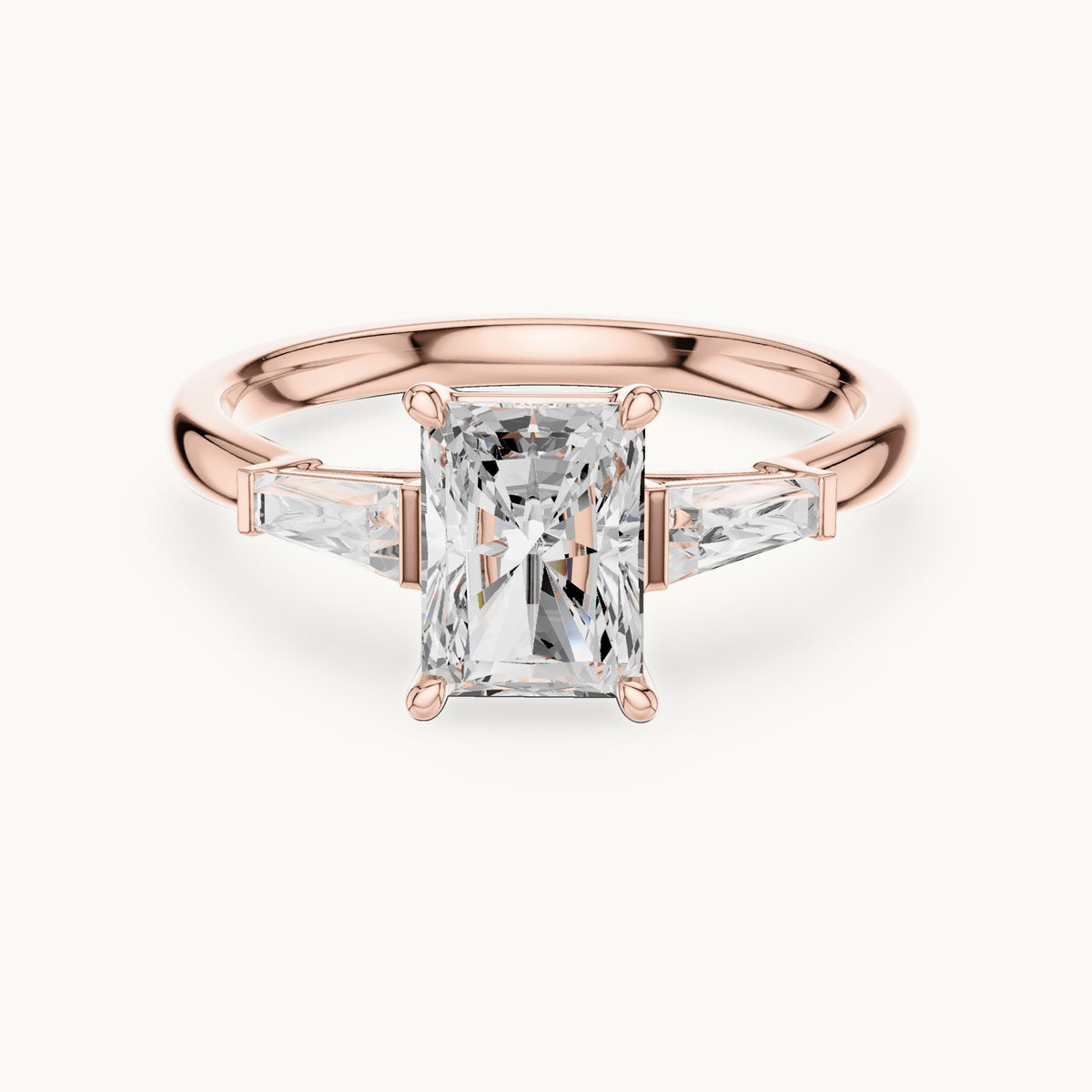 Radiant-cut lab-grown diamond three-stone engagement ring with tapered baguettes in rose gold, 2.07 CT TW, view 4