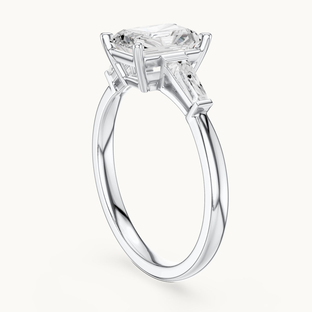 Radiant-cut lab-grown diamond three-stone engagement ring with tapered baguettes in white gold, 2.07 CT TW, view 1