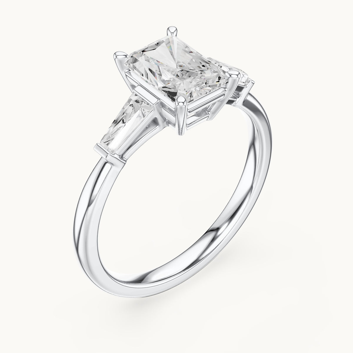 Radiant-cut lab-grown diamond three-stone engagement ring with tapered baguettes in white gold, 2.07 CT TW, view 2