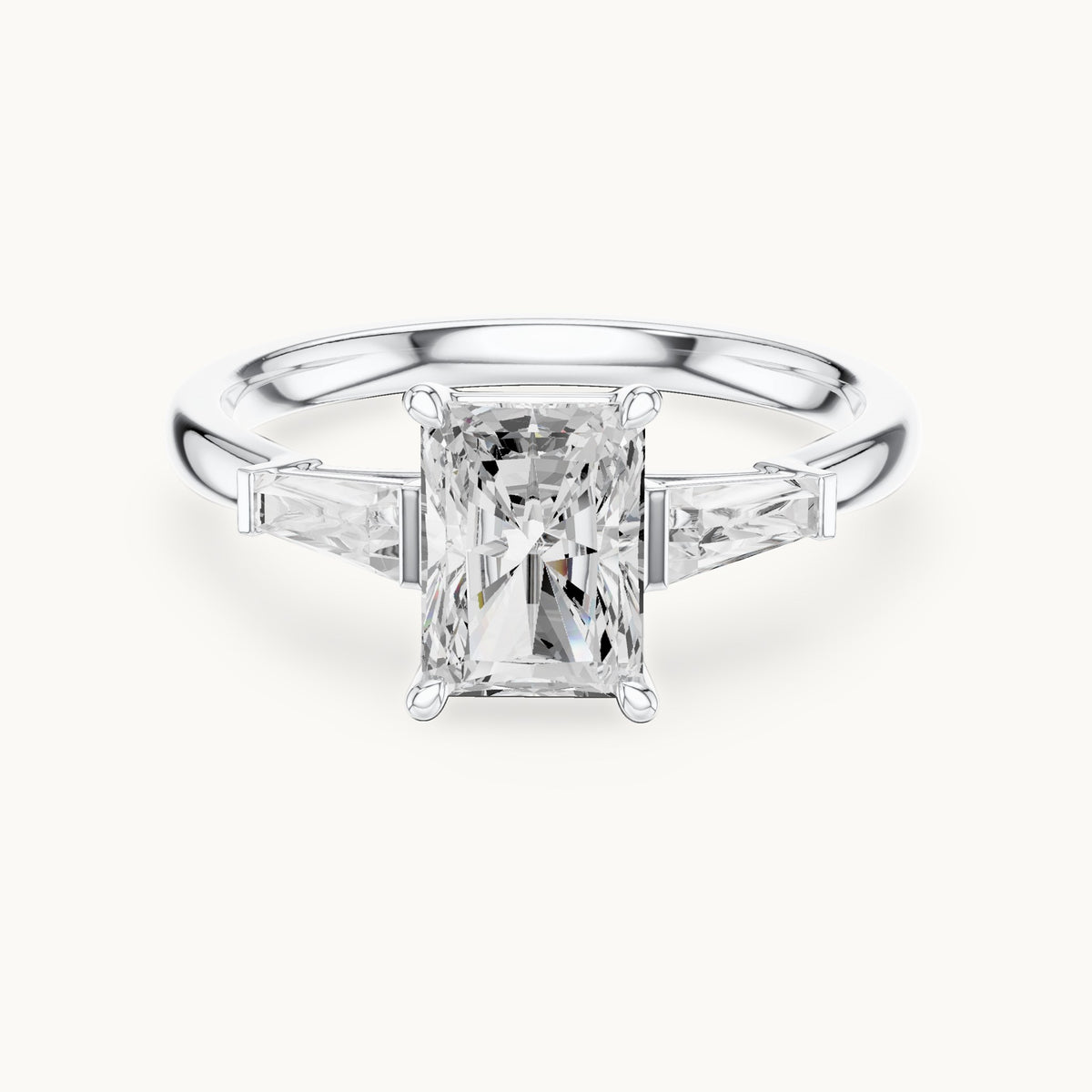 Radiant-cut lab-grown diamond three-stone engagement ring with tapered baguettes in white gold, 2.07 CT TW, view 4