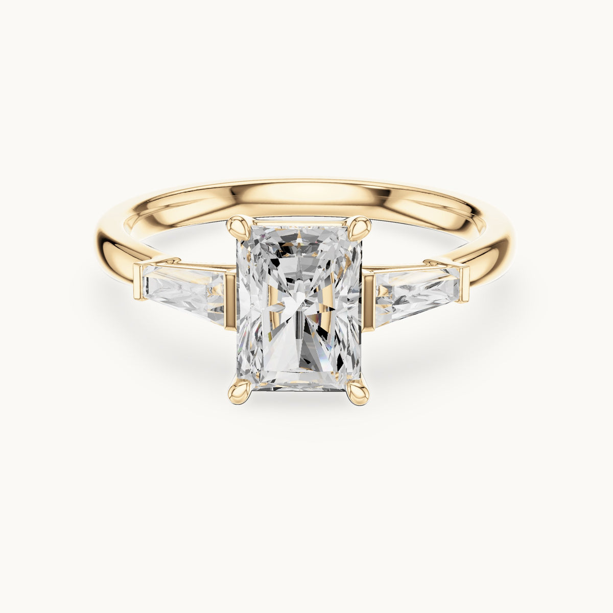 Radiant-cut lab-grown diamond three-stone engagement ring with tapered baguettes in yellow gold, 2.07 CT TW, view 4