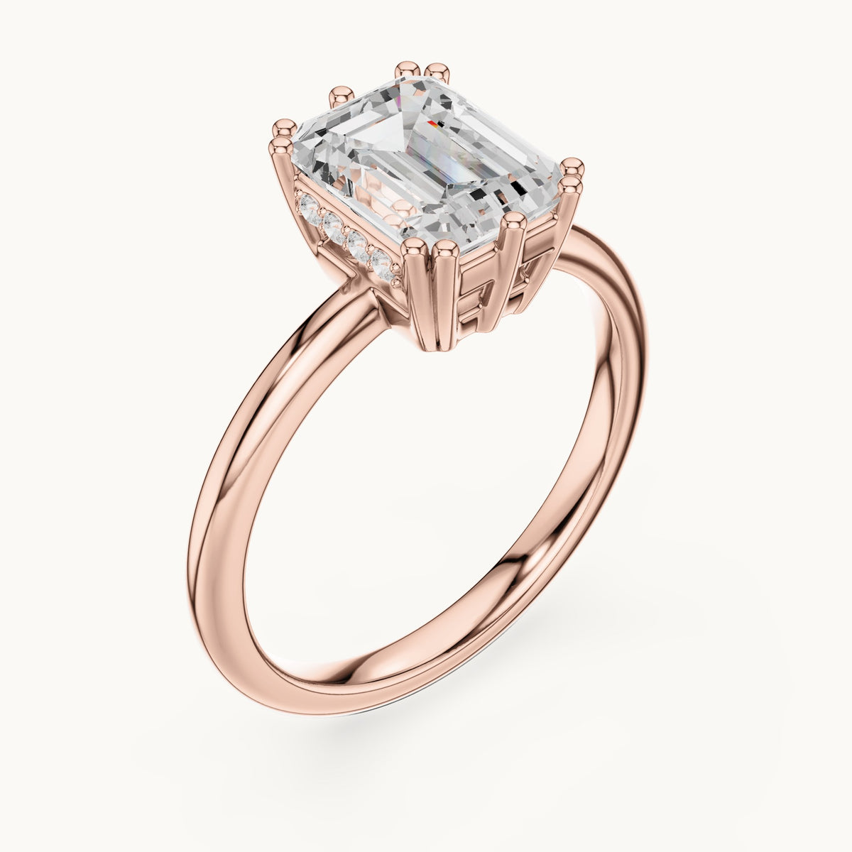 Emerald-cut lab-grown diamond hidden halo solitaire engagement ring in rose gold, 2.12 CT TW, view 2