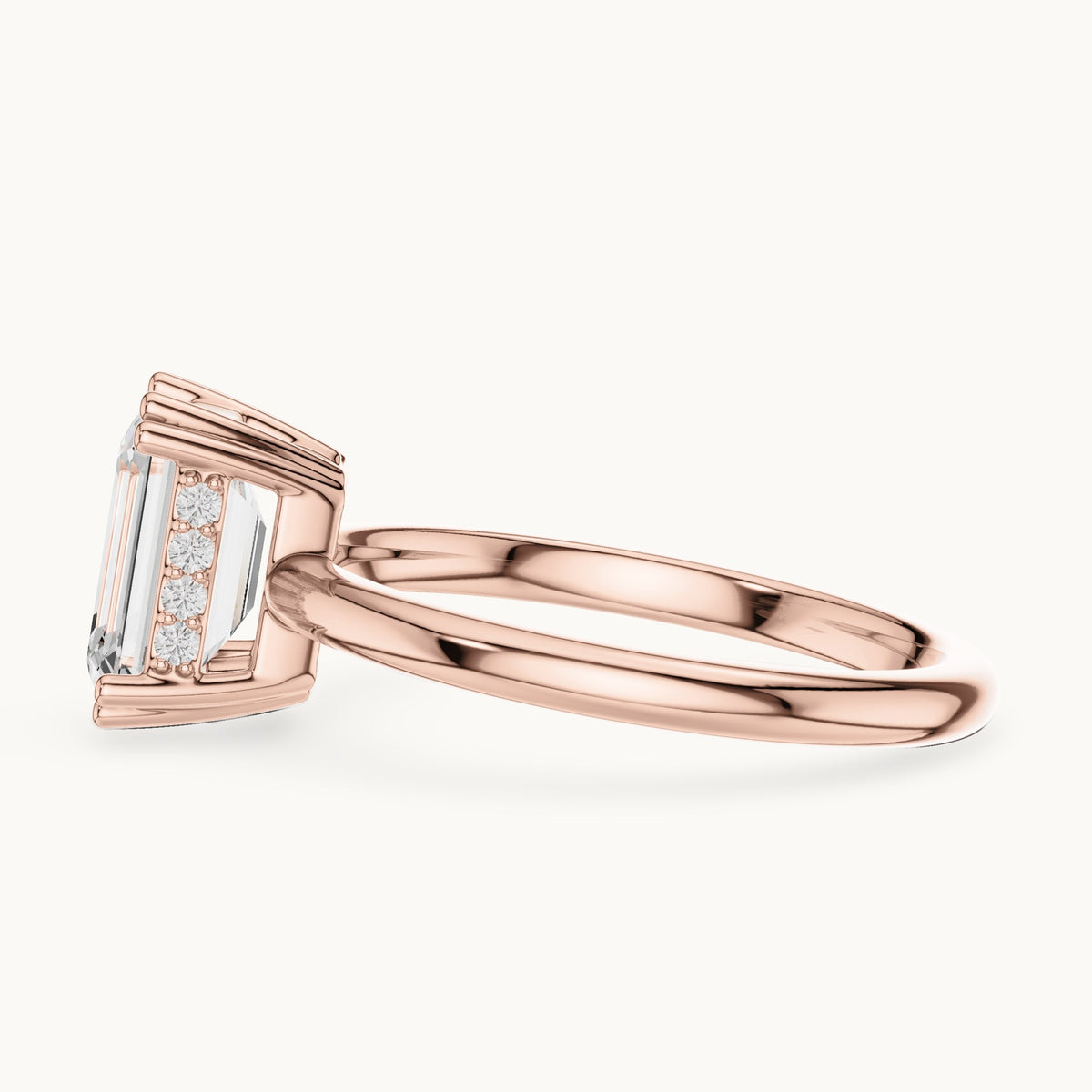 Emerald-cut lab-grown diamond hidden halo solitaire engagement ring in rose gold, 2.12 CT TW, view 3