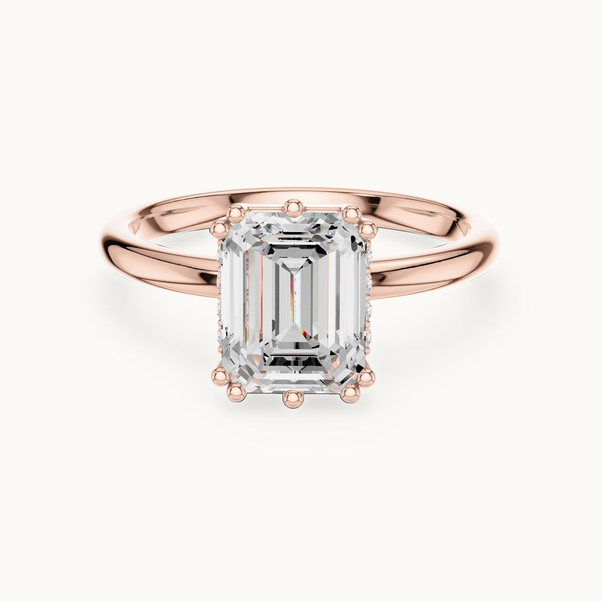Emerald-cut lab-grown diamond hidden halo solitaire engagement ring in rose gold, 2.12 CT TW, view 4