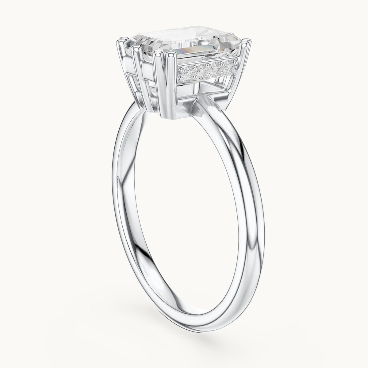 Emerald-cut lab-grown diamond hidden halo solitaire engagement ring in white gold, 2.12 CT TW, view 1