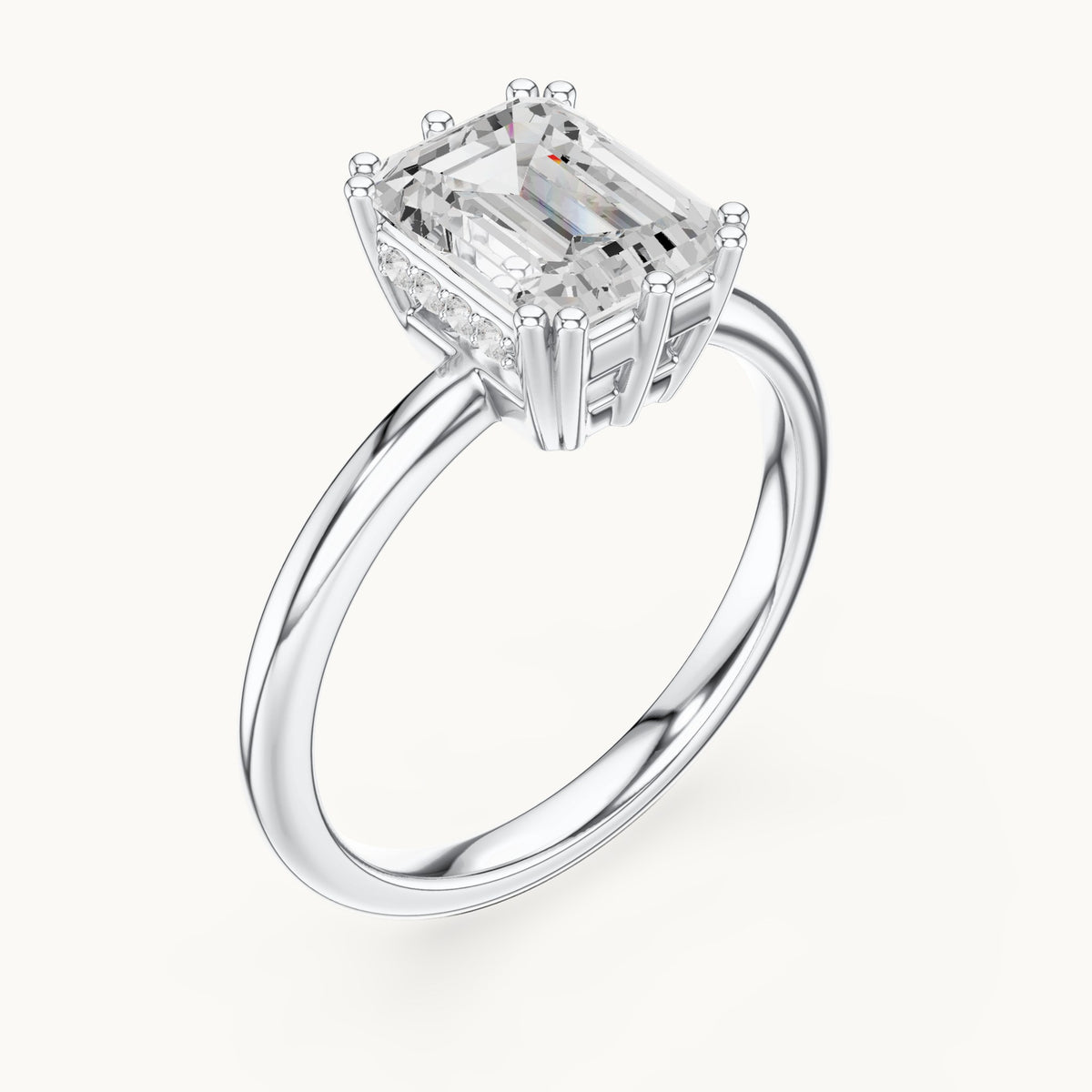 Emerald-cut lab-grown diamond hidden halo solitaire engagement ring in white gold, 2.12 CT TW, view 2