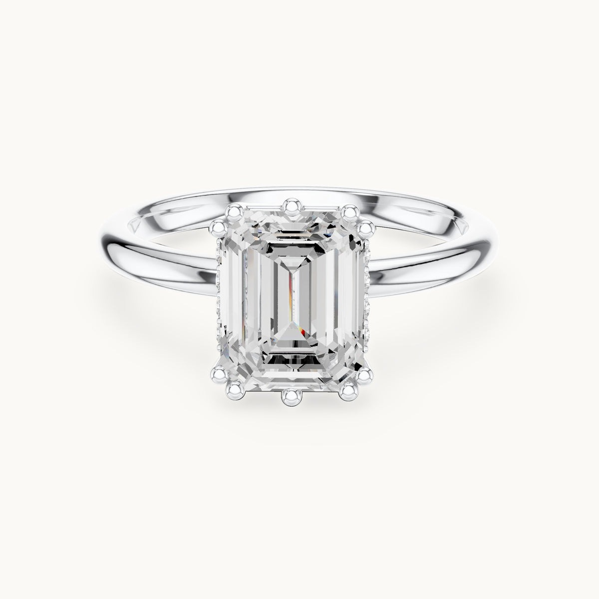 Emerald-cut lab-grown diamond hidden halo solitaire engagement ring in white gold, 2.12 CT TW, view 4