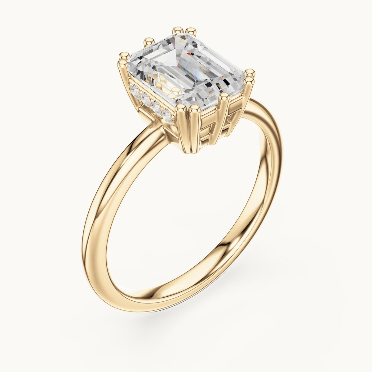 Emerald-cut lab-grown diamond hidden halo solitaire engagement ring in yellow gold, 2.12 CT TW, view 2