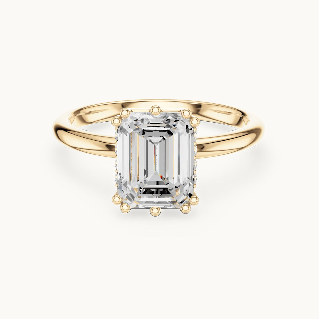 Emerald-cut lab-grown diamond hidden halo solitaire engagement ring in yellow gold, 2.12 CT TW, view 4