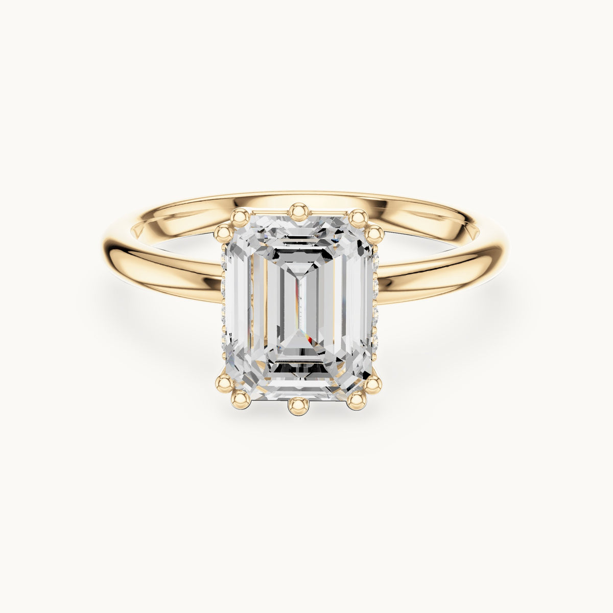 Emerald-cut lab-grown diamond hidden halo solitaire engagement ring in yellow gold, 2.12 CT TW, view 4