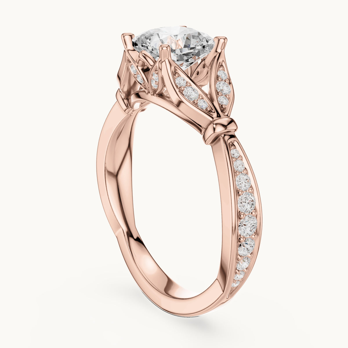 Cushion-cut lab-grown diamond vintage-inspired engagement ring with leaf shoulders in rose gold, 1.56 CT TW, view 1