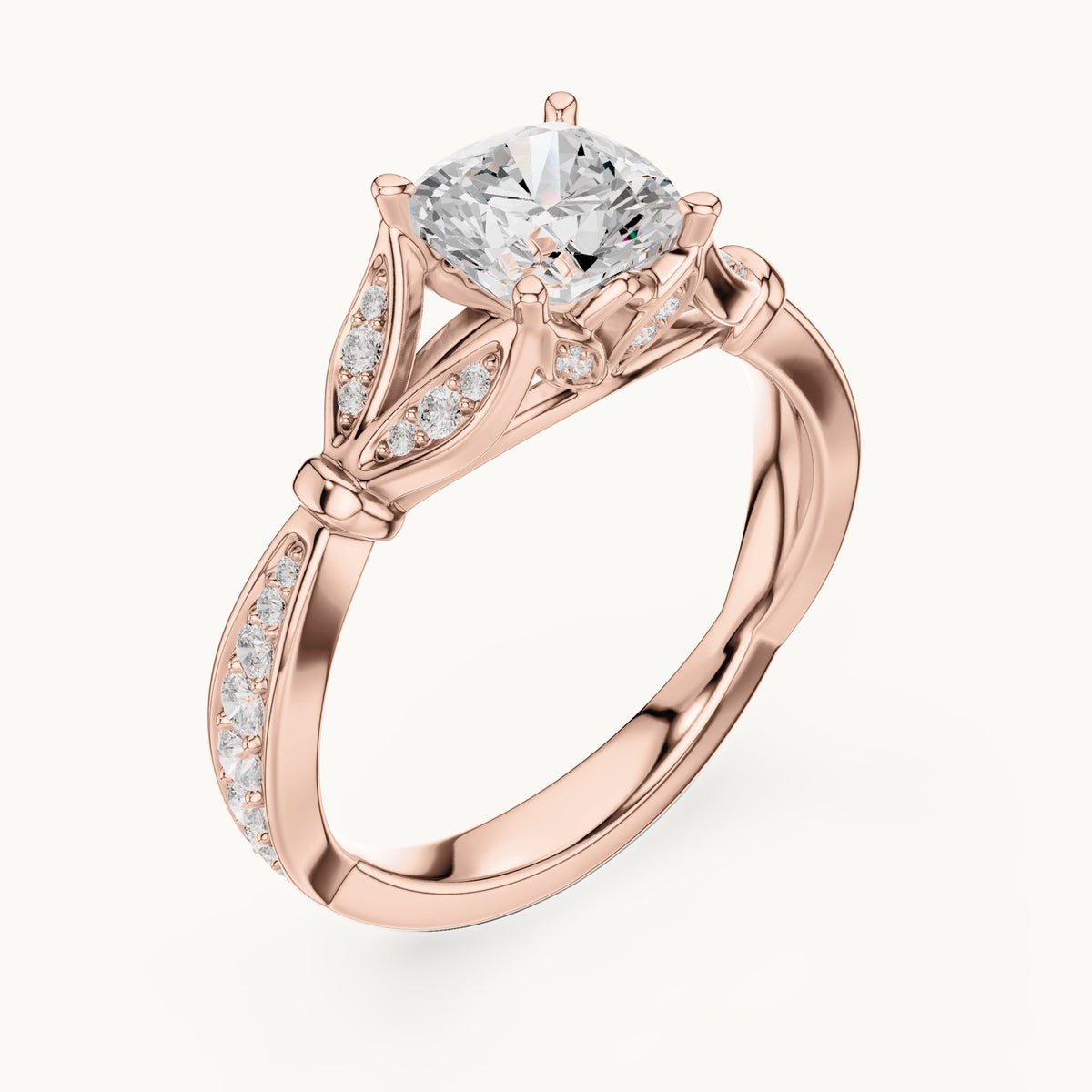 Cushion-cut lab-grown diamond vintage-inspired engagement ring with leaf shoulders in rose gold, 1.56 CT TW, view 2