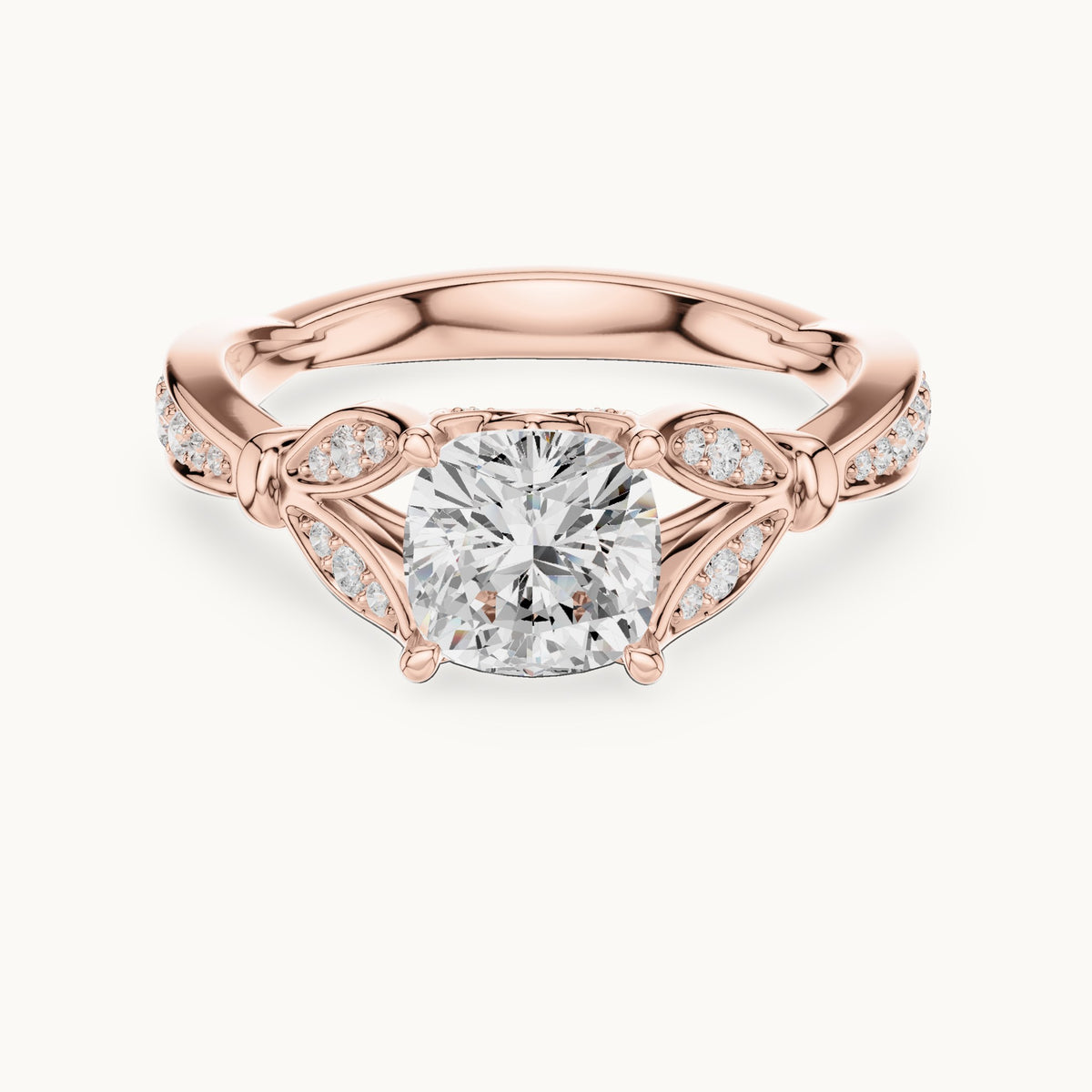 Cushion-cut lab-grown diamond vintage-inspired engagement ring with leaf shoulders in rose gold, 1.56 CT TW, view 4