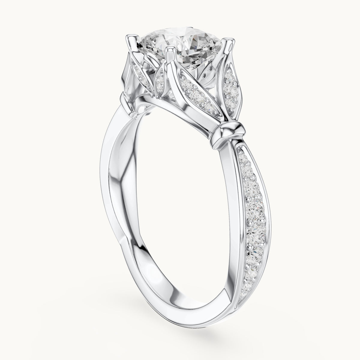 Cushion-cut lab-grown diamond vintage-inspired engagement ring with leaf shoulders in white gold, 1.56 CT TW, view 1