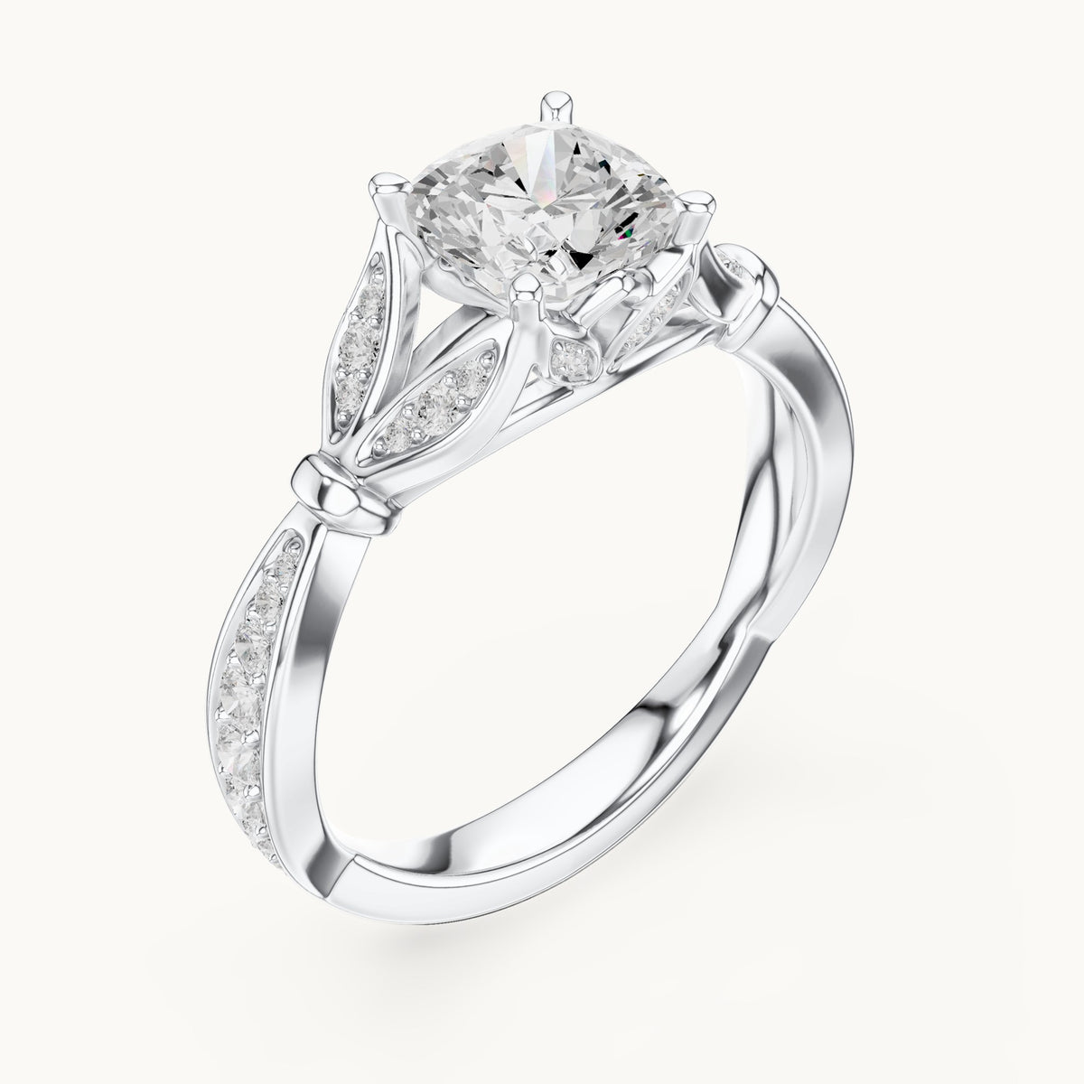Cushion-cut lab-grown diamond vintage-inspired engagement ring with leaf shoulders in white gold, 1.56 CT TW, view 2