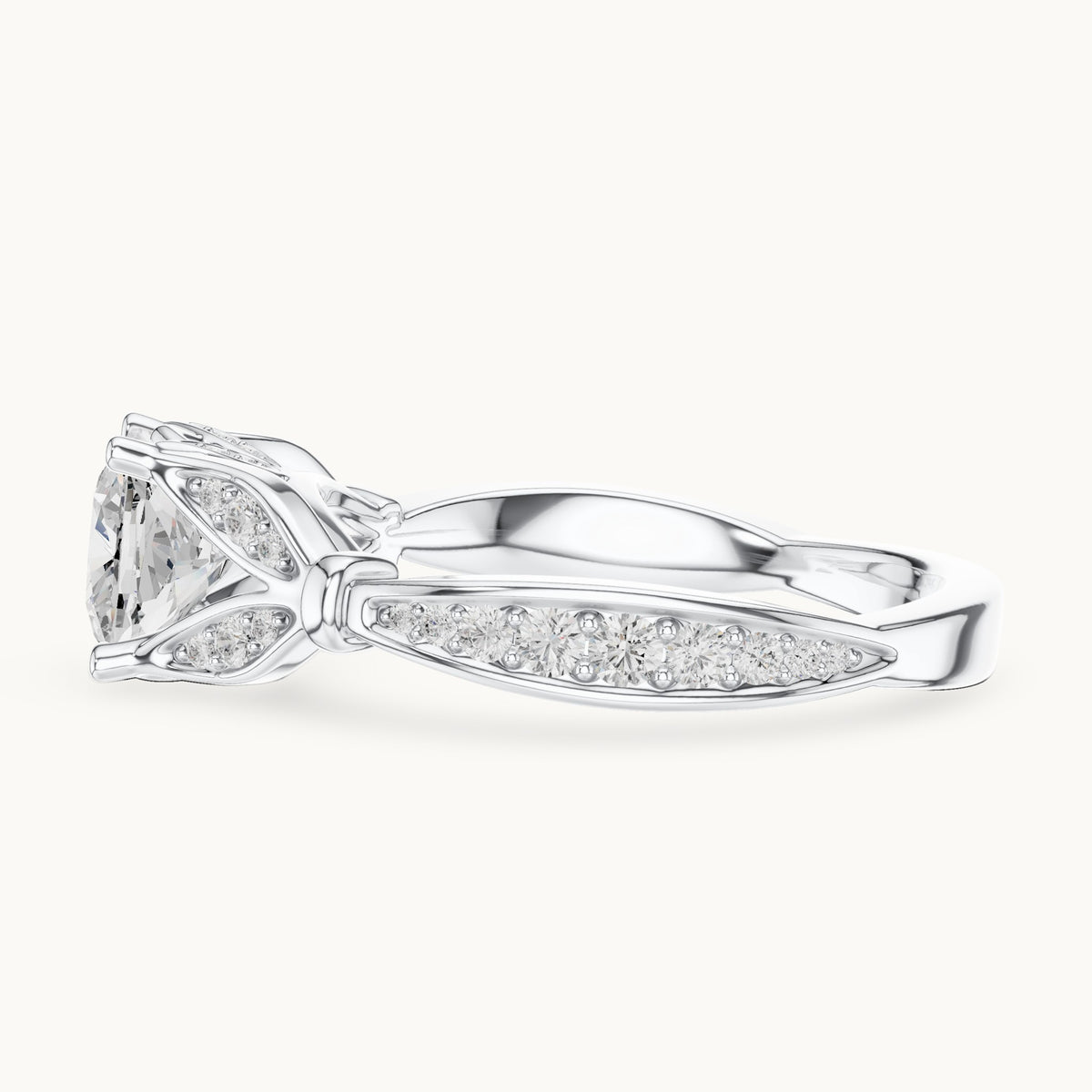 Cushion-cut lab-grown diamond vintage-inspired engagement ring with leaf shoulders in white gold, 1.56 CT TW, view 3
