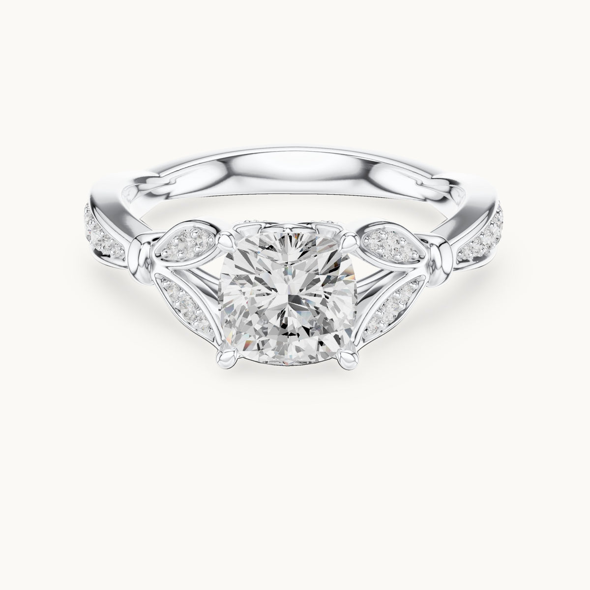 Cushion-cut lab-grown diamond vintage-inspired engagement ring with leaf shoulders in white gold, 1.56 CT TW, view 4