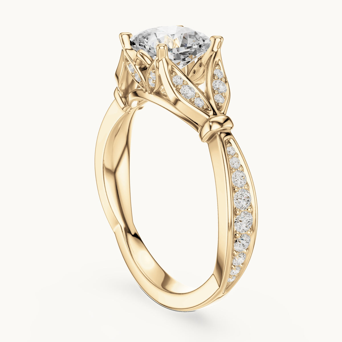 Cushion-cut lab-grown diamond vintage-inspired engagement ring with leaf shoulders in yellow gold, 1.56 CT TW, view 1