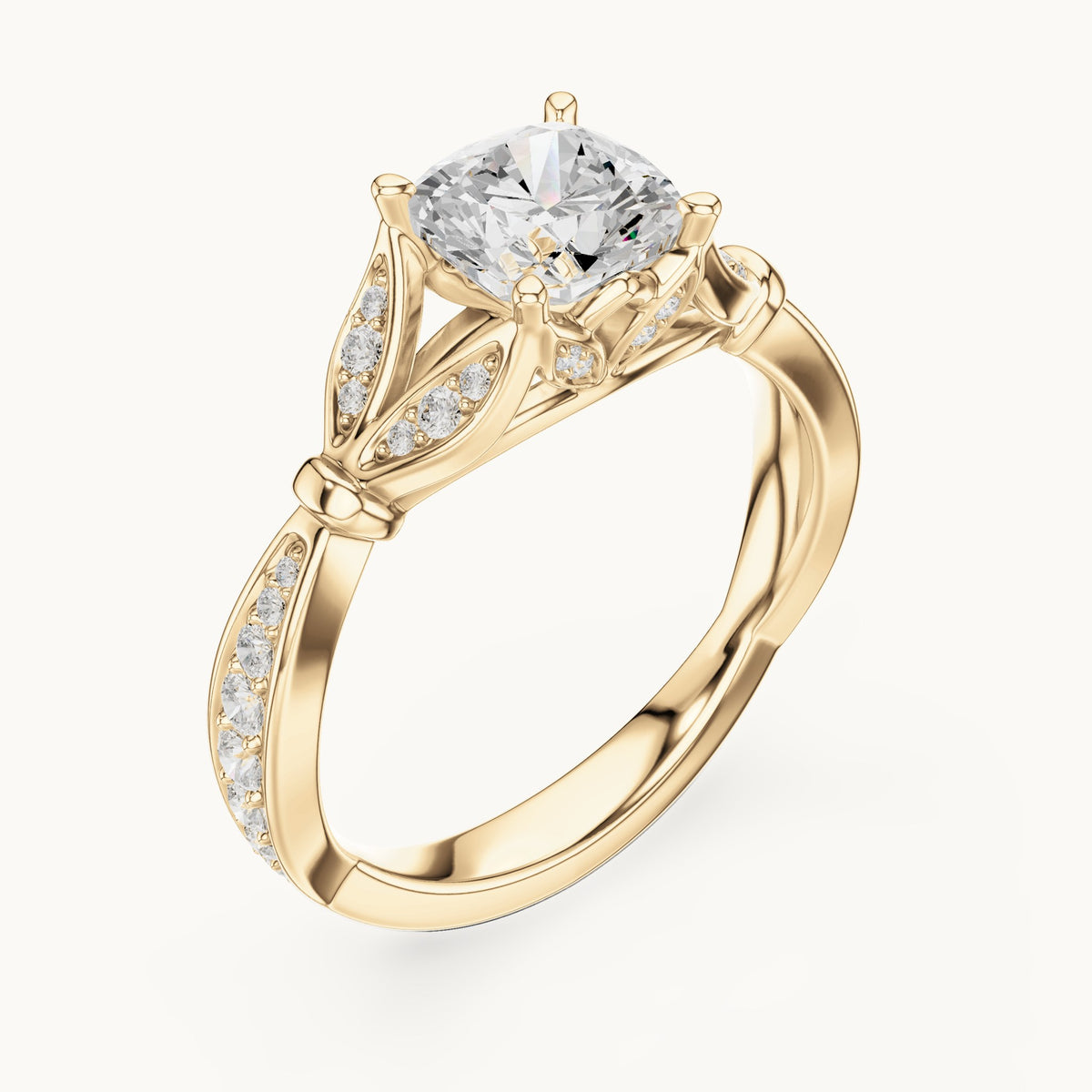 Cushion-cut lab-grown diamond vintage-inspired engagement ring with leaf shoulders in yellow gold, 1.56 CT TW, view 2