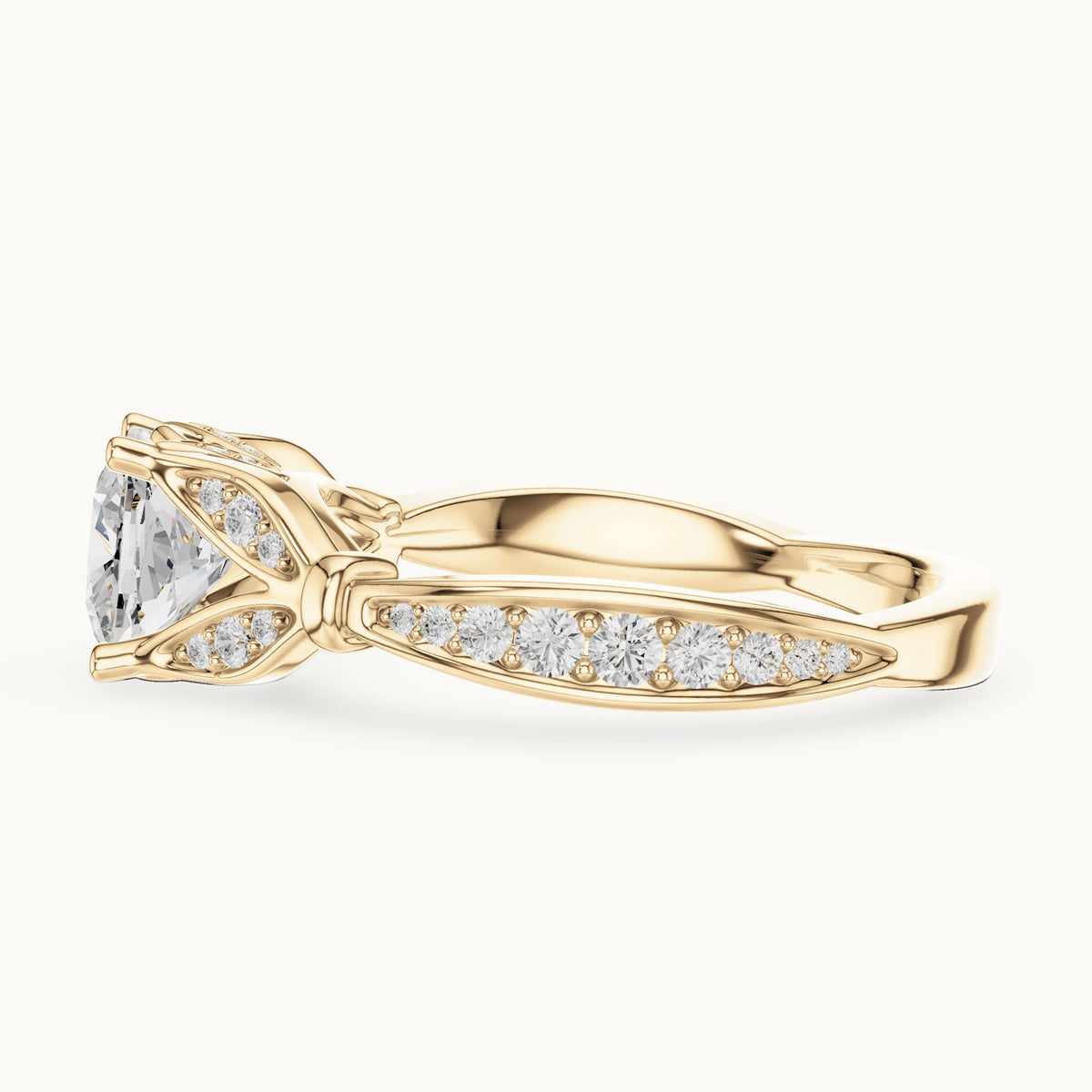 Cushion-cut lab-grown diamond vintage-inspired engagement ring with leaf shoulders in yellow gold, 1.56 CT TW, view 3