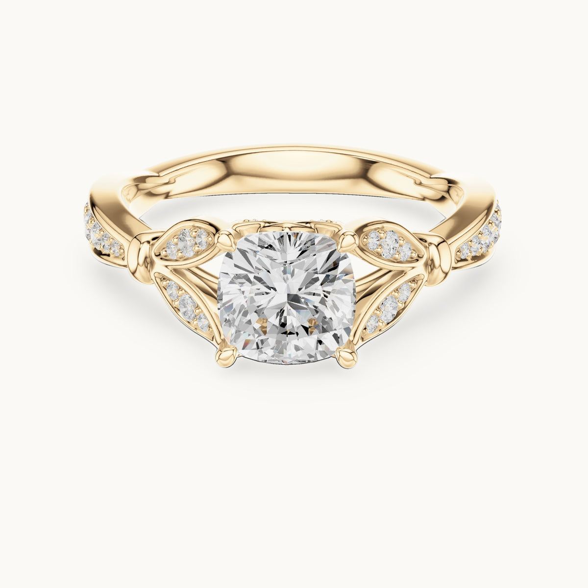 Cushion-cut lab-grown diamond vintage-inspired engagement ring with leaf shoulders in yellow gold, 1.56 CT TW, view 4