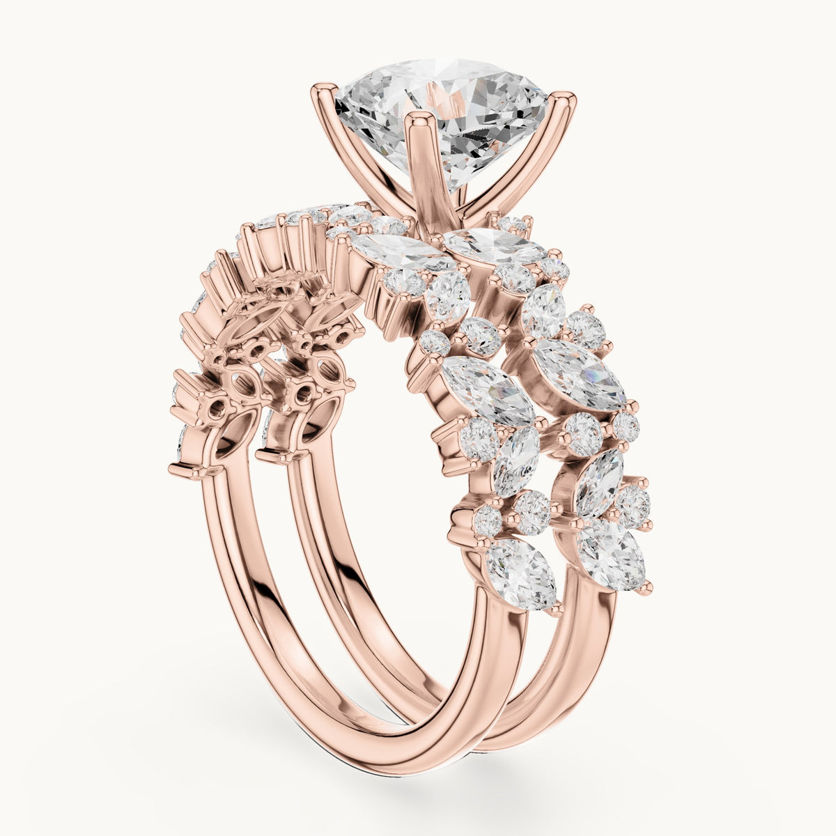 Cushion-cut lab-grown diamond engagement ring with marquise cluster double band in rose gold, 2.83 CT TW, view 1