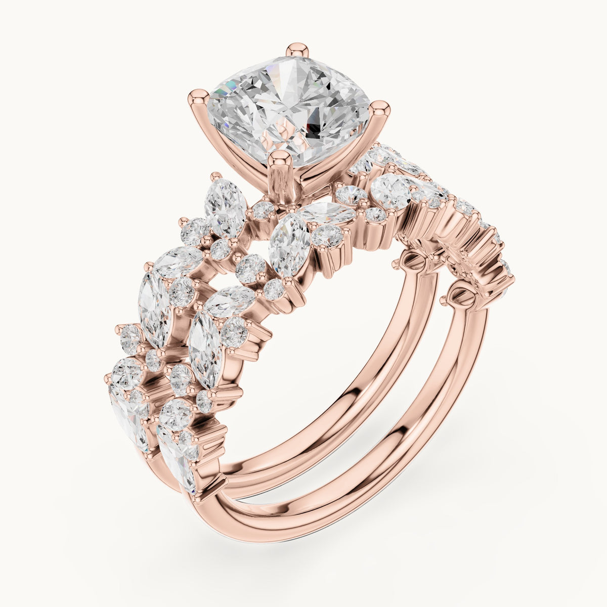 Cushion-cut lab-grown diamond engagement ring with marquise cluster double band in rose gold, 2.83 CT TW, view 2