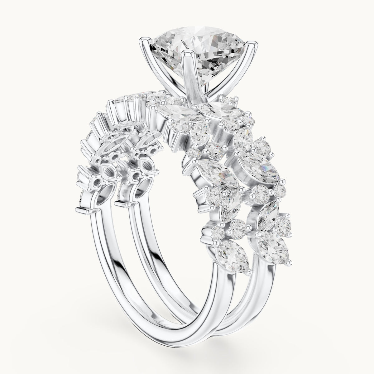 Cushion-cut lab-grown diamond engagement ring with marquise cluster double band in white gold, 2.83 CT TW, view 1