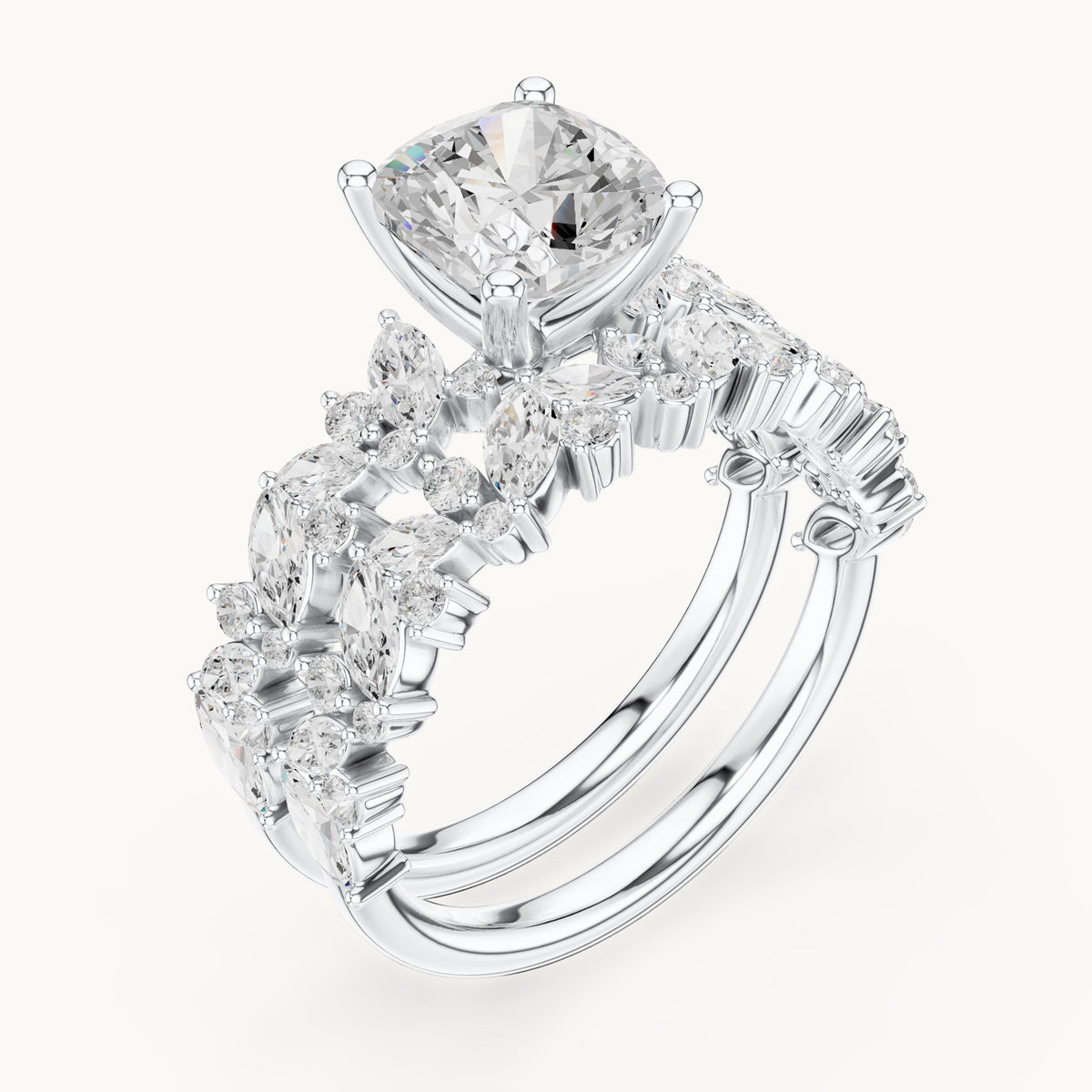 Cushion-cut lab-grown diamond engagement ring with marquise cluster double band in white gold, 2.83 CT TW, view 2