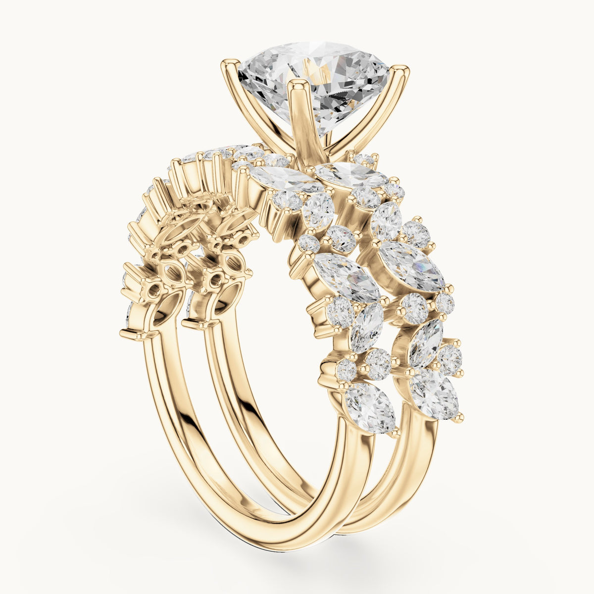 Cushion-cut lab-grown diamond engagement ring with marquise cluster double band in yellow gold, 2.83 CT TW, view 1