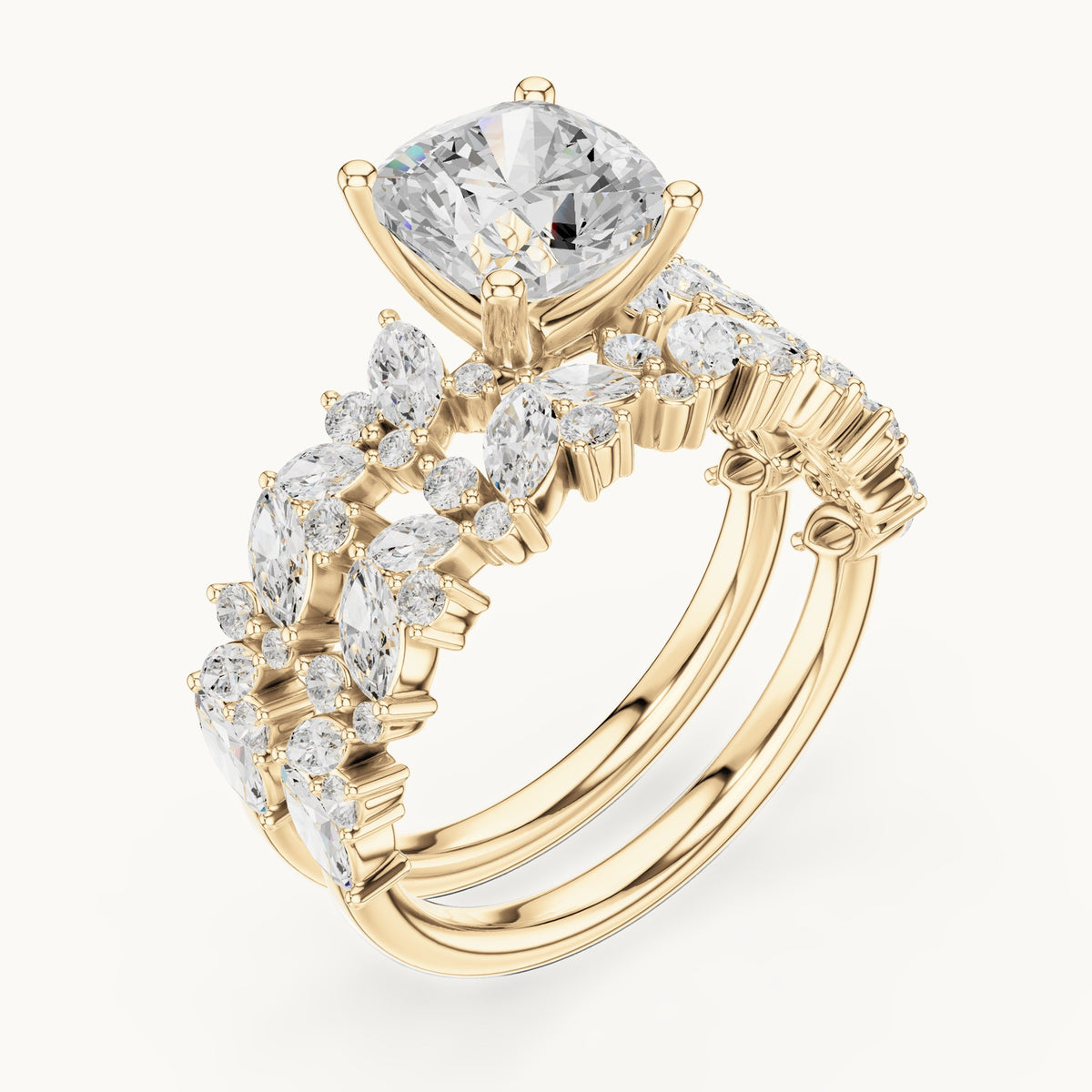 Cushion-cut lab-grown diamond engagement ring with marquise cluster double band in yellow gold, 2.83 CT TW, view 2