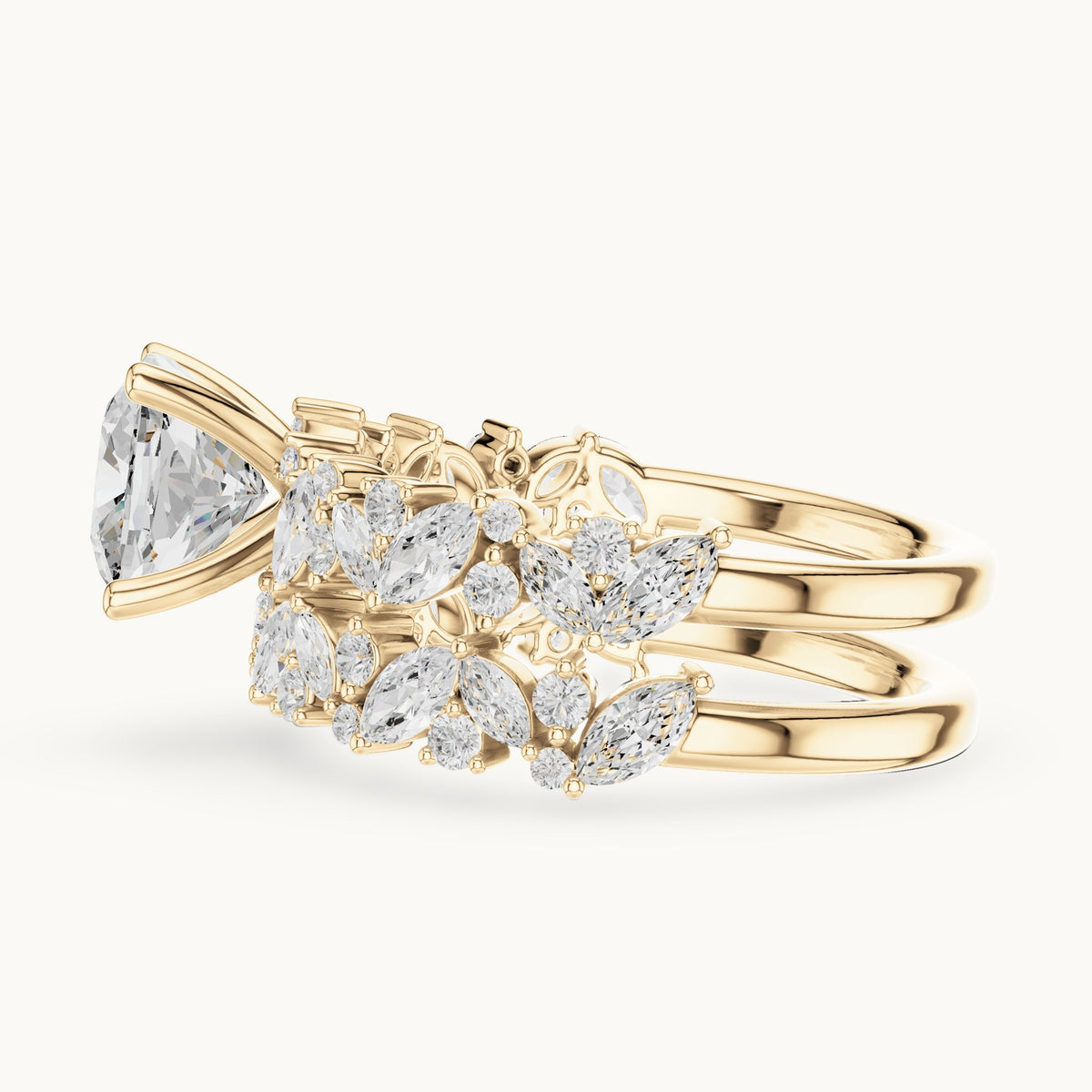 Cushion-cut lab-grown diamond engagement ring with marquise cluster double band in yellow gold, 2.83 CT TW, view 3
