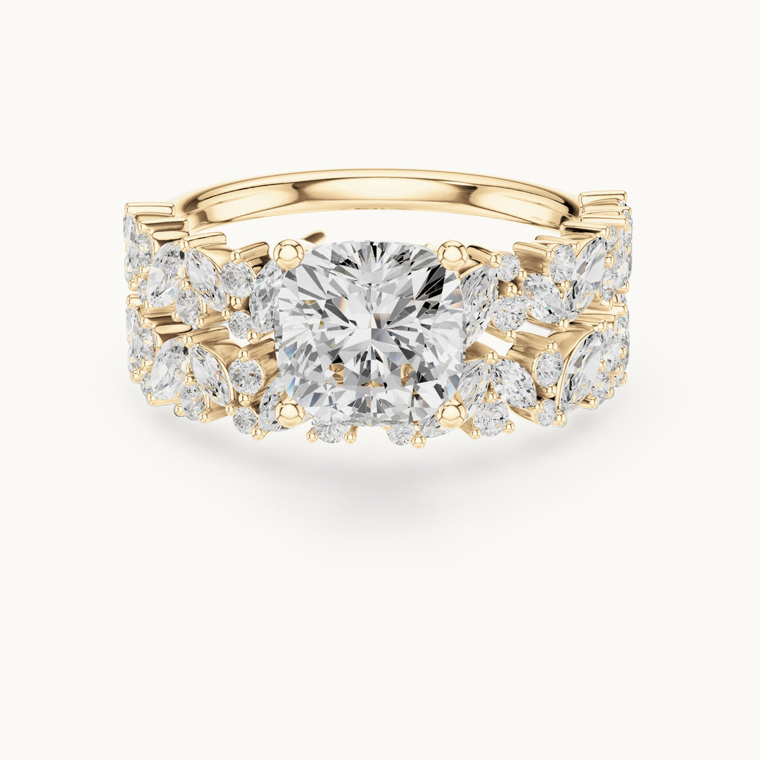 Cushion-cut lab-grown diamond engagement ring with marquise cluster double band in yellow gold, 2.83 CT TW, view 4